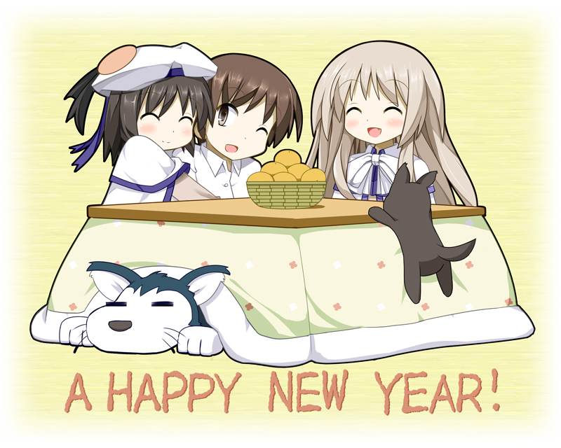 blonde_hair, brown_eyes, brown_hair, cape, closed_eyes, dog, eyes_closed, food