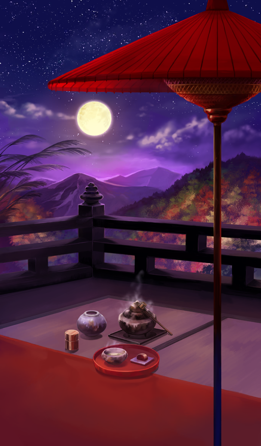 bowl, chagama_(pot), clouds, commentary, fate/grand_order, fate_(series), food, full_moon