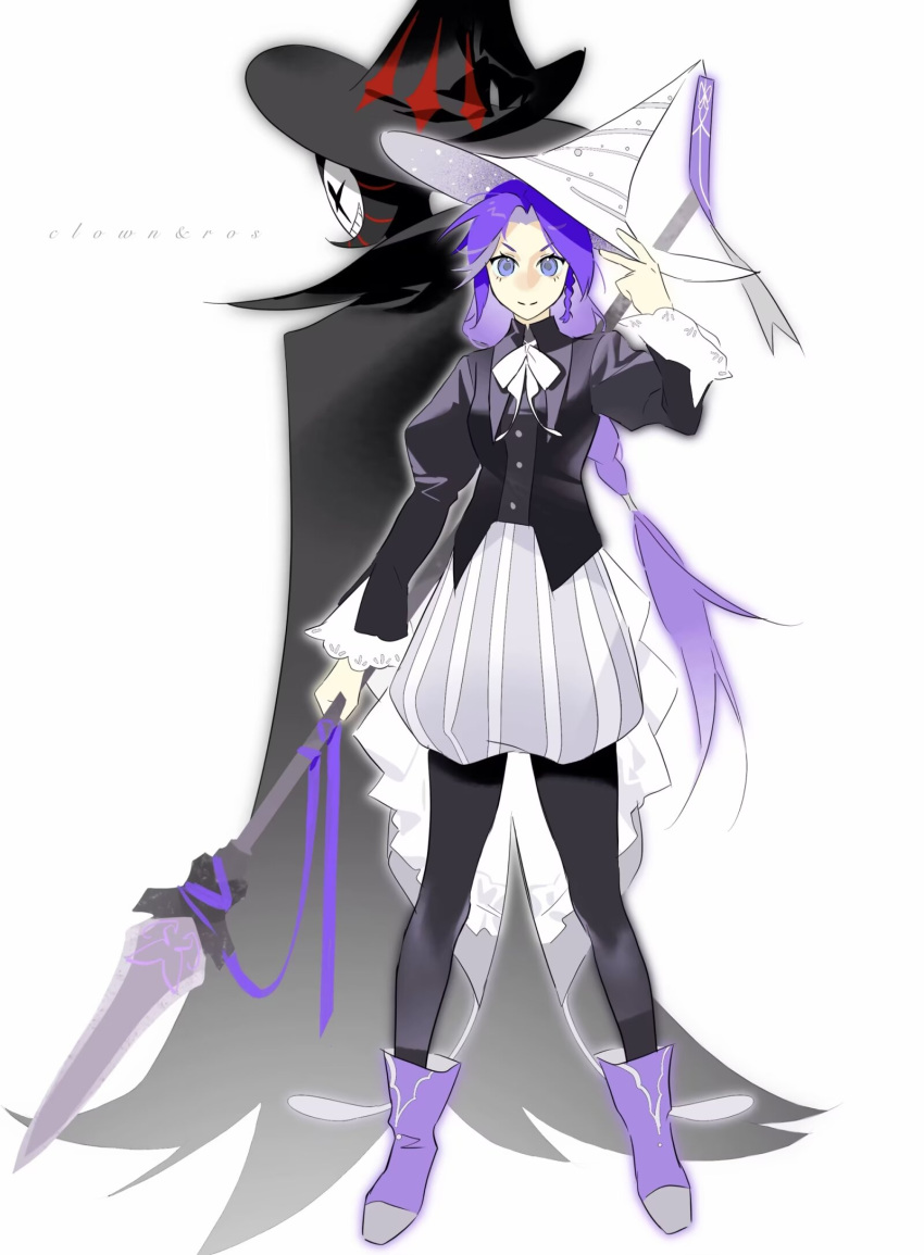1boy, 1girl, animification, back-to-back, black_coat, black_hat, blackhousewuwu, blue_eyes, boots, character_name, clownpierce, coat, commentary, english_text, hashtag-only_commentary, hat, highres, holding, holding_polearm, holding_weapon, long_hair, long_sleeves, looking_at_viewer, low-tied_long_hair, mask, minecraft_youtube, polearm, puffy_shorts, purple_boots, purple_hair, roscumber, shorts, spear, standing, the_realm_smp, weapon, white_background, white_hat, witch_hat