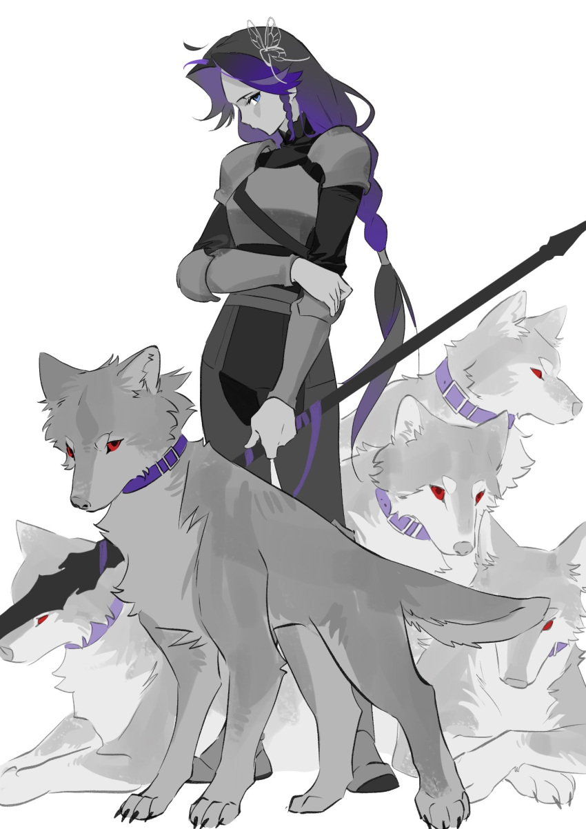 1girl, ahoge, animal, animification, armor, blackhousewuwu, braid, butterfly_hair_ornament, commentary, dog, full_body, hair_ornament, highres, holding, holding_weapon, long_hair, low-tied_long_hair, minecraft_youtube, pants, roscumber, side_braid, simple_background, single_braid, solo, spot_color, standing, symbol-only_commentary, the_realm_smp, weapon, white_background, wolf