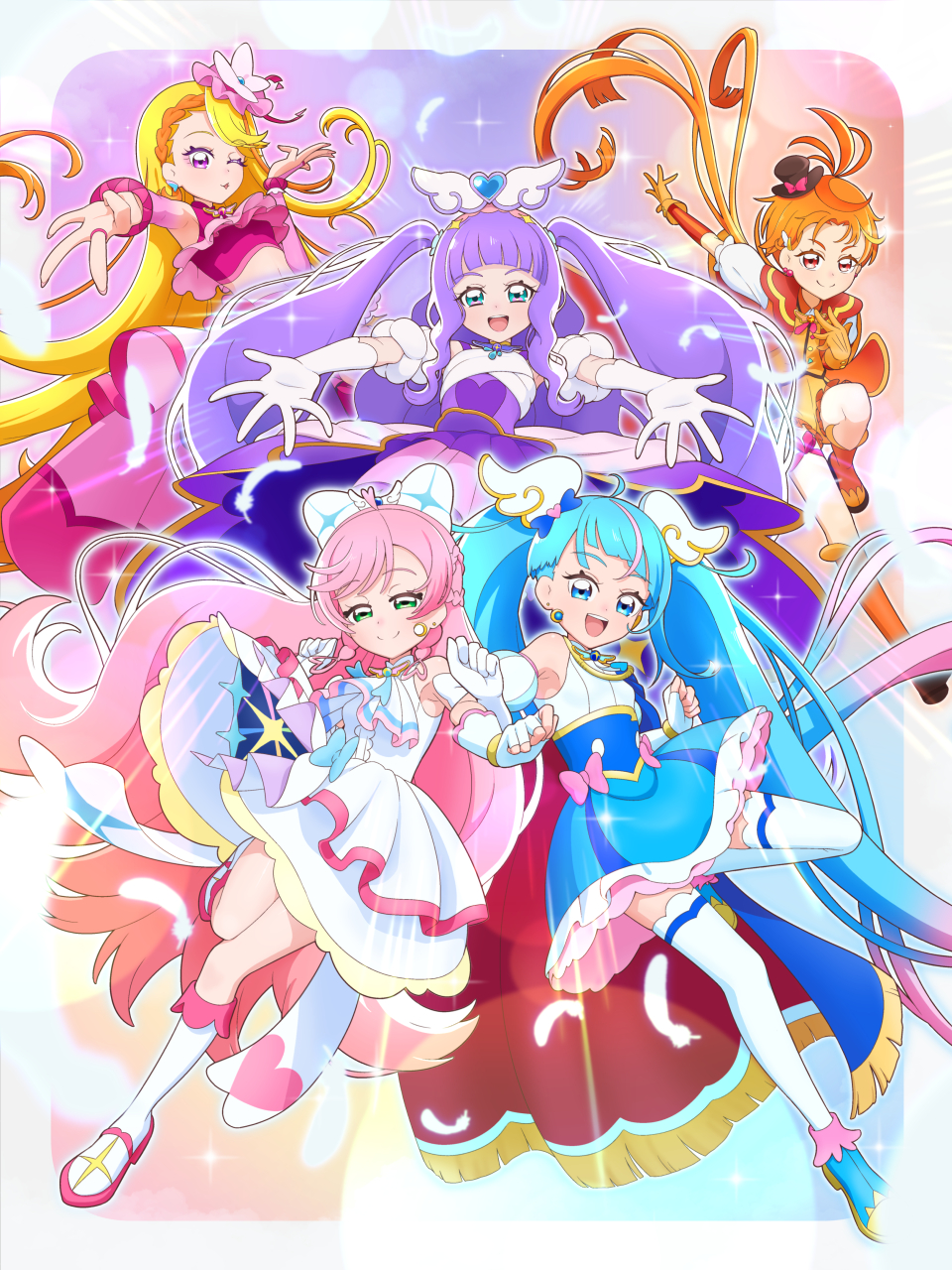 1boy, 4girls, ankle_boots, aqua_eyes, ascot, black_hat, blonde_hair, blue_boots