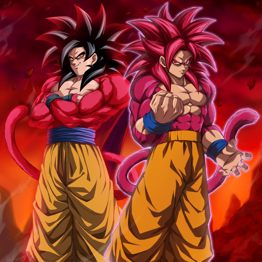 black_hair, blue_sash, body_fur, dougi, dragon_ball, dragon_ball_daima, dragon_ball_gt, dual_persona, highres, in-franchise_crossover, long_hair, looking_at_viewer, male_focus, monkey_boy, monkey_tail, multiple_boys, muscular, muscular_male, nemu_(rakugaki_jt), no_nipples, pants, pectorals, red_fur, red_hair, saiyan, sash, smile, son_goku, spiky_hair, super_full_power_saiyan_4, super_saiyan, super_saiyan_4, tail, yellow_pants