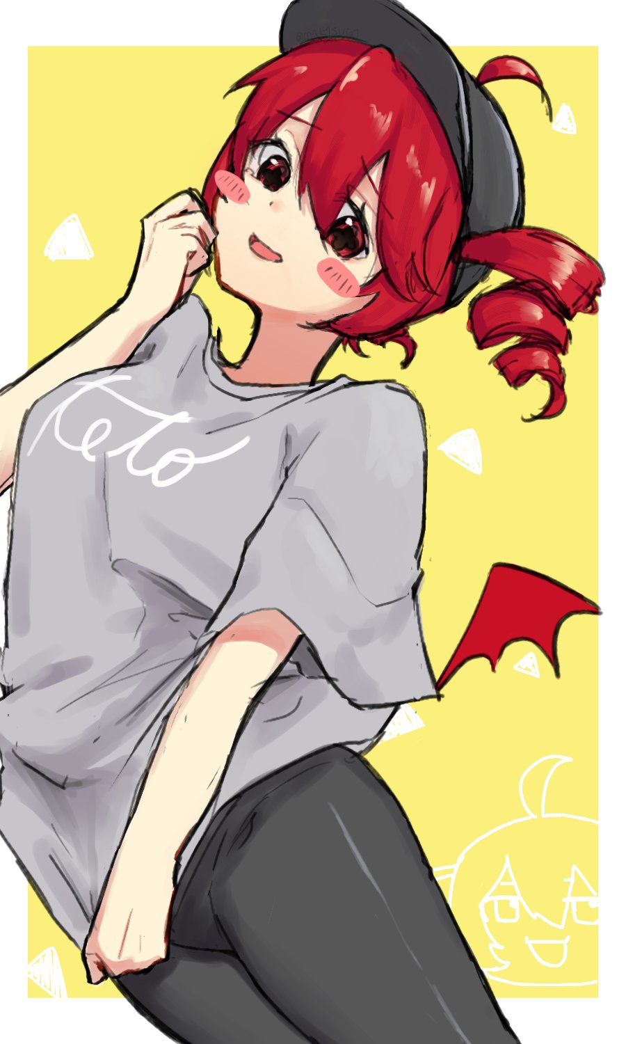 1girl, ahoge, alternate_costume, black_hat, black_leggings, breasts, drill_hair, grey_shirt