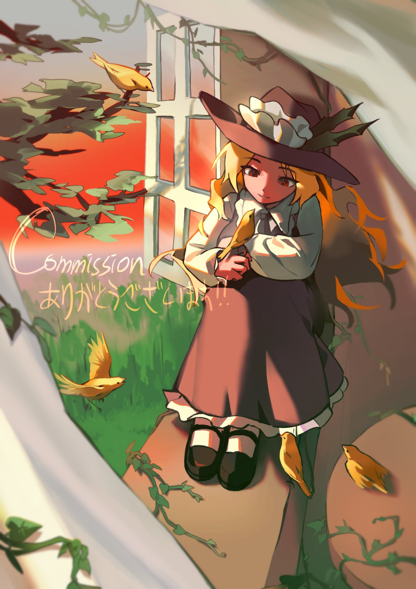 1girl, ascot, black_shoes, blonde_hair, branch, brown_dress, brown_hat, commentary_request