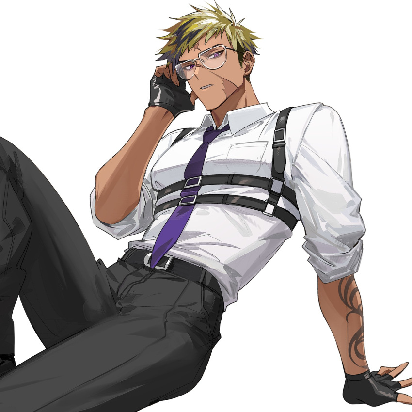 1boy, arm_support, arm_tattoo, arm_up, belt, belt_buckle, black_belt, black_gloves, black_hair, black_pants, blonde_hair, buckle, chest_harness, collared_shirt, commentary, english_commentary, feet_out_of_frame, fingerless_gloves, glasses, gloves, harness, highres, kaohom503, male_focus, multicolored_hair, nijisanji, nijisanji_en, pants, parted_lips, scar, scar_on_face, shirt, shirt_tucked_in, simple_background, sitting, sleeves_rolled_up, solo, streaked_hair, tattoo, two-tone_hair, vantacrow_bringer, violet_eyes, virtual_youtuber, white_background, white_shirt, wing_collar