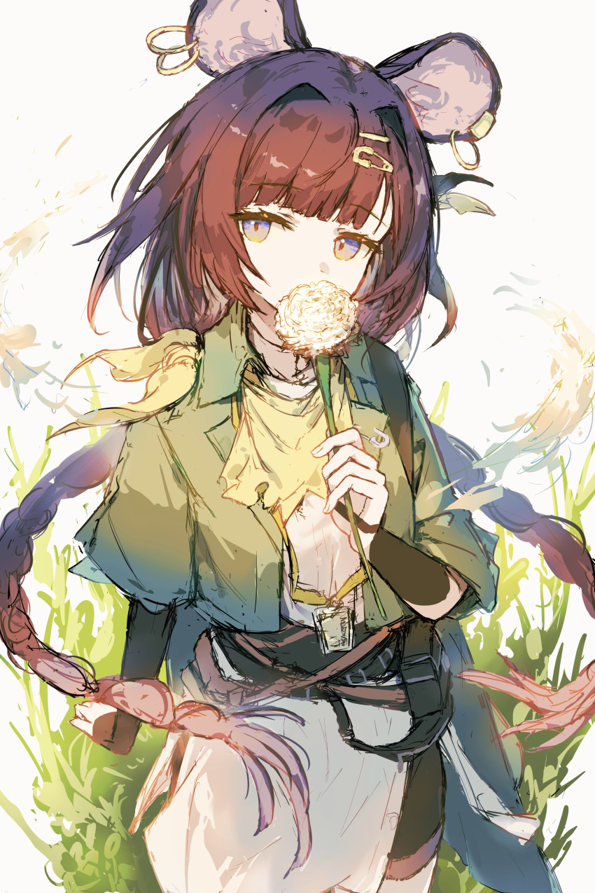 1girl, absurdres, animal_ear_piercing, animal_ears, arknights, braid, brown_hair, commentary