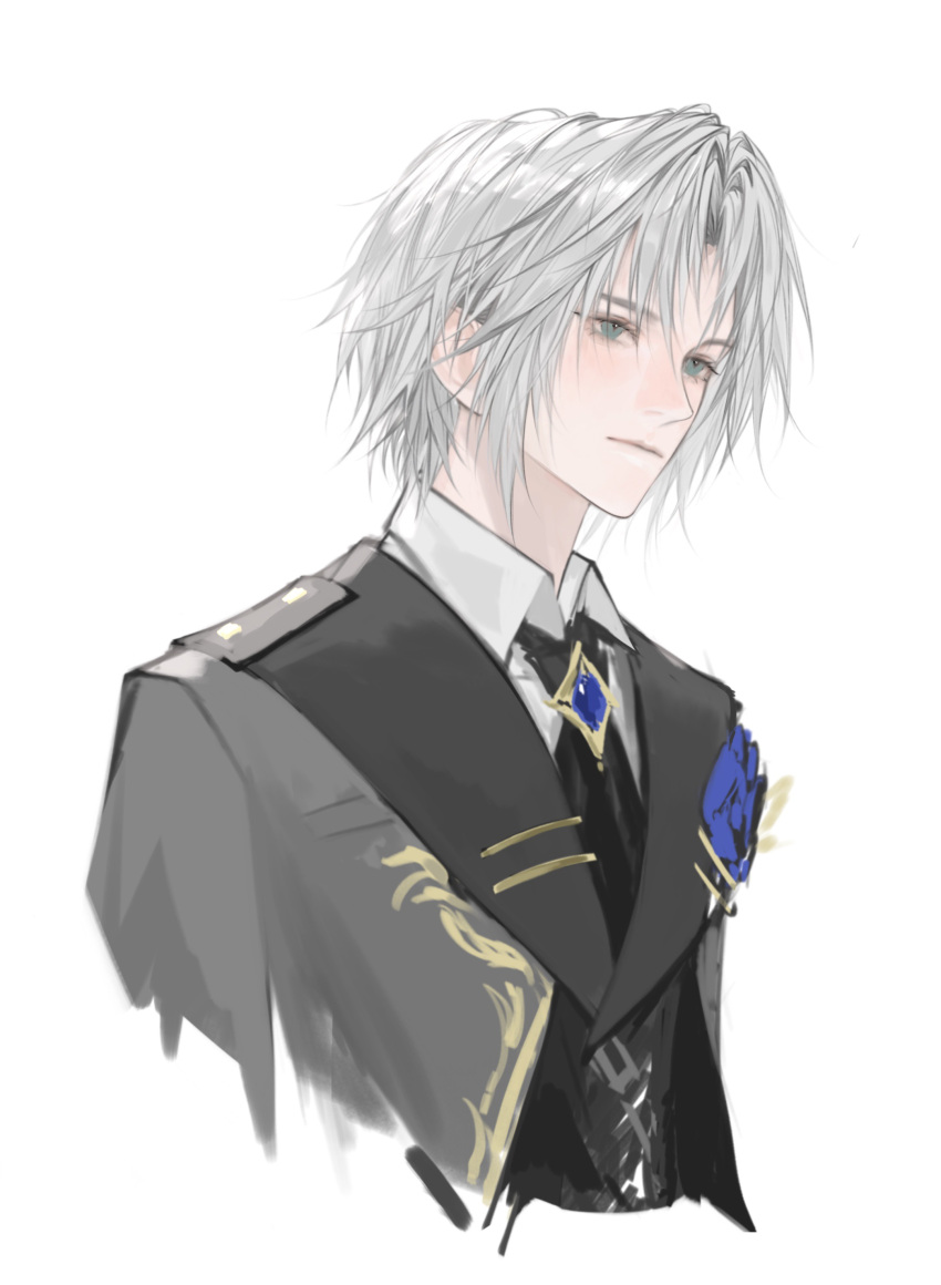 1boy, absurdres, black_jacket, black_necktie, blue_gemstone, chest_jewel, closed_eyes, collared_shirt, cropped_torso, curtained_hair, final_fantasy, final_fantasy_vii, gem, green_eyes, grey_hair, highres, jacket, looking_ahead, male_focus, necktie, parted_bangs, sephiroth, sephiroth_(ever_crisis), shirt, short_hair, sidelocks, simple_background, solo, three_quarter_view, turkey223333, upper_body, white_background, white_shirt