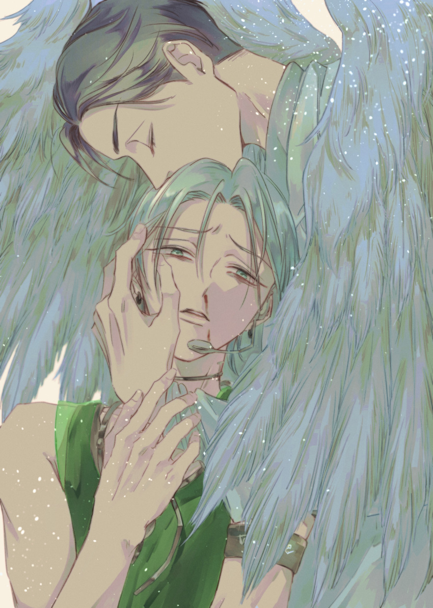 2boys, absurdres, alien_stage, angel_wings, black_hair, blood, closed_eyes, commentary_request