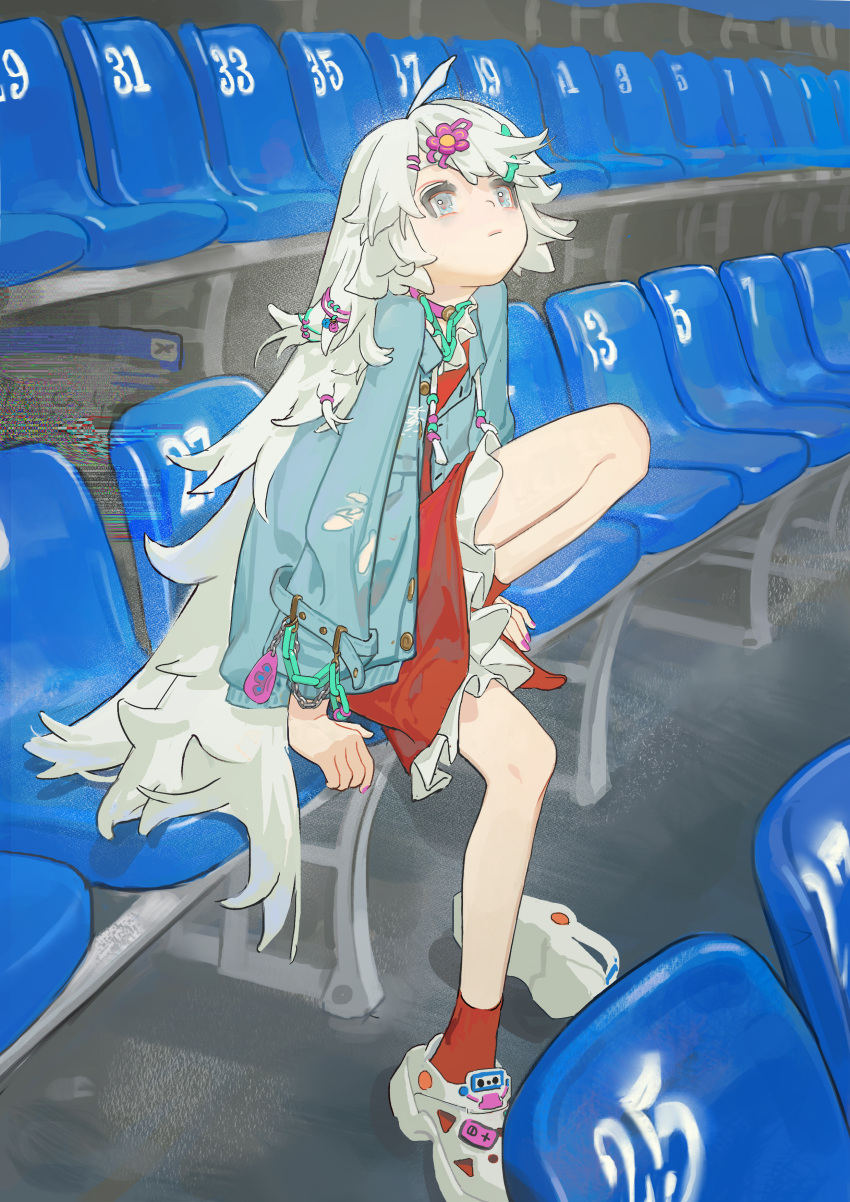 1girl, :|, absurdres, ahoge, arms_at_sides, bleachers, blue_eyes, chair