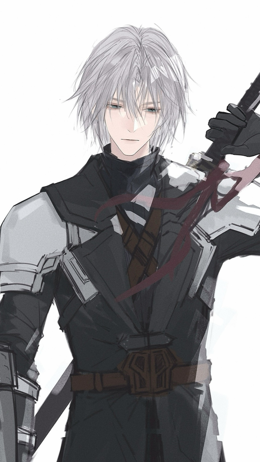 1boy, armor, belt, black_coat, black_gloves, black_sleeves, black_sweater, brown_belt, chest_belt, closed_mouth, coat, cowboy_shot, curtained_hair, final_fantasy, final_fantasy_vii, gloves, green_eyes, grey_hair, highres, holding, holding_sword, holding_weapon, looking_down, male_focus, parted_bangs, pauldrons, sephiroth, sephiroth_(ever_crisis), short_hair, shoulder_armor, simple_background, solo, straight-on, sweater, sword, sword_on_back, turkey223333, weapon, weapon_on_back, white_background