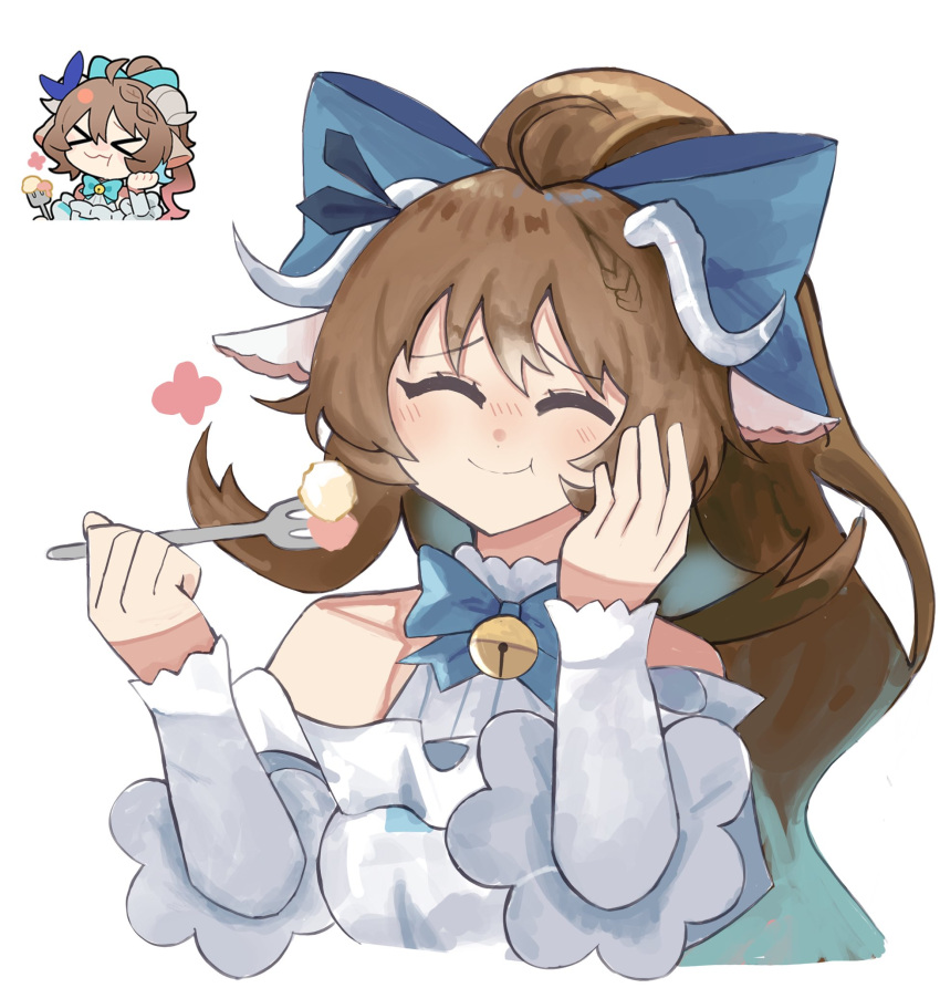 1girl, ^_^, animal_ears, arknights, bare_shoulders, bell, blue_bow, blush, bow, brown_hair, chibi, closed_eyes, closed_mouth, cropped_torso, eating, eyjafjalla_(arknights), eyjafjalla_the_hvit_aska_(a_picnic_before_a_long_trip)_(arknights), eyjafjalla_the_hvit_aska_(arknights), food, fork, grey_horns, hair_bow, hand_on_own_cheek, hand_on_own_face, hashtag-only_commentary, highres, holding, holding_fork, horns, inset, jingle_bell, long_hair, long_sleeves, neck_bell, novaisaclockcat, official_alternate_costume, sheep_ears, sheep_girl, sheep_horns, simple_background, smile, white_background