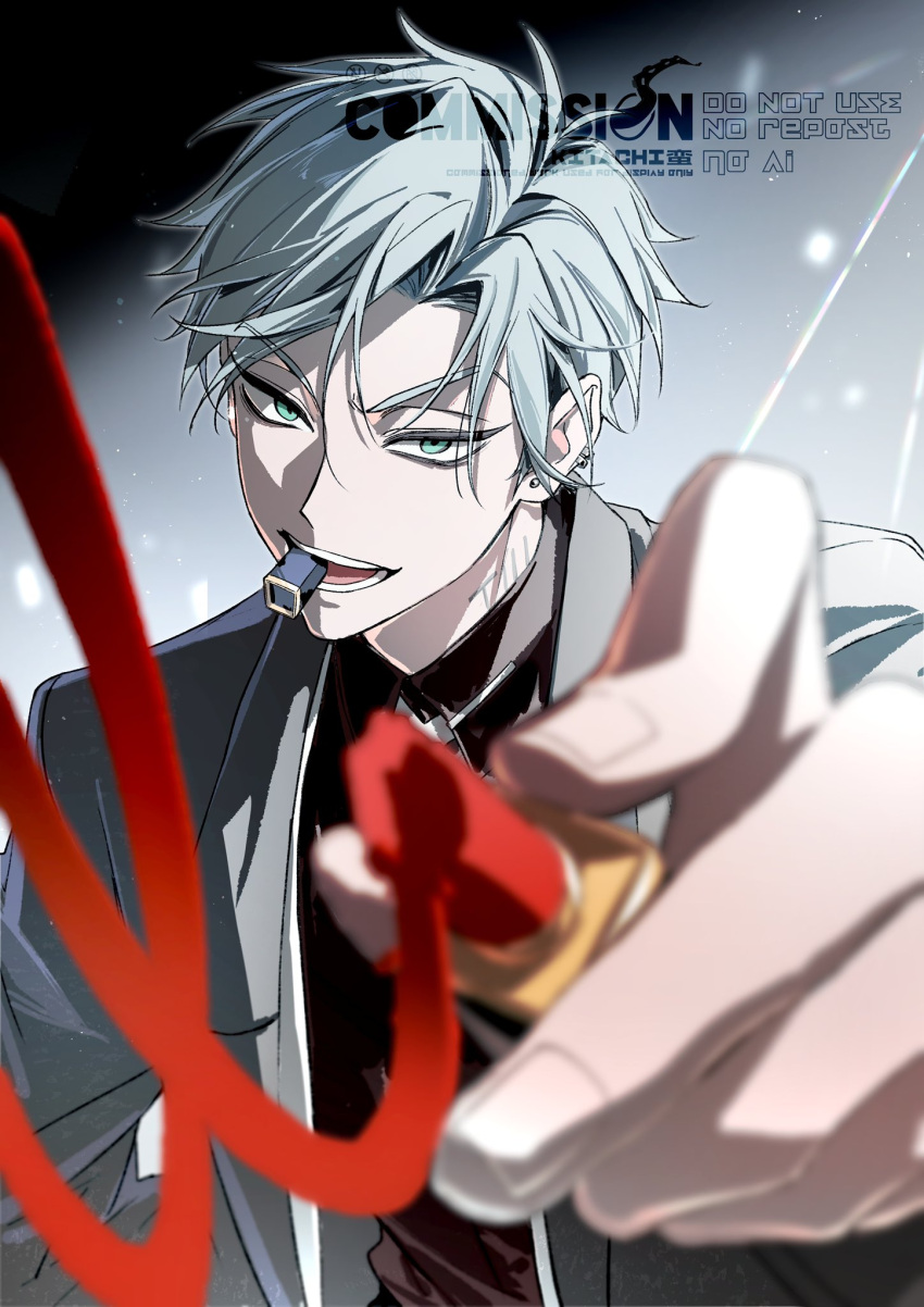 1boy, alien_stage, commentary, cosmetics, drawing_on_fourth_wall, ear_piercing, earrings, grey_hair