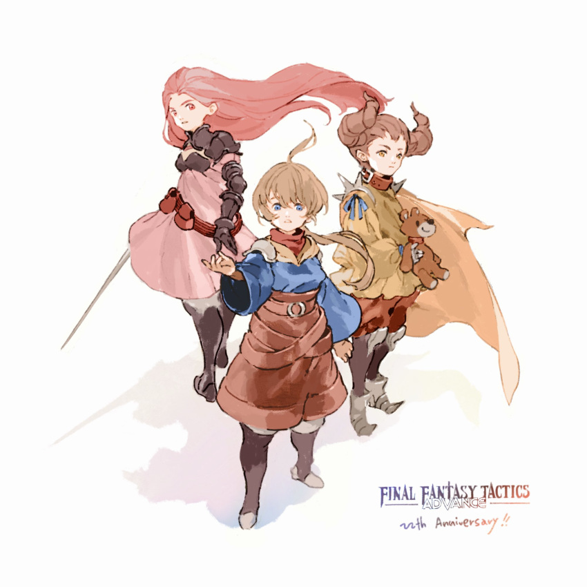 1girl, 2boys, ahoge, animal_collar, anniversary, armor, armored_boots, armored_gloves, blonde_hair, blue_eyes, blue_shirt, boots, breasts, brown_eyes, brown_hair, brown_shorts, c3ure, cape, collar, dress, final_fantasy, final_fantasy_tactics_advance, full_body, highres, holding, holding_stuffed_toy, holding_sword, holding_weapon, horn-shaped_hair, long_hair, long_sleeves, low_ponytail, marche_radiuju, medium_breasts, medium_hair, mewt_randell, multiple_boys, orange_cape, parted_lips, pink_dress, pink_eyes, pink_hair, ponytail, ritz_malheur, shirt, shorts, shoulder_armor, shoulder_spikes, spikes, stuffed_animal, stuffed_toy, sword, teddy_bear, weapon, wide_sleeves
