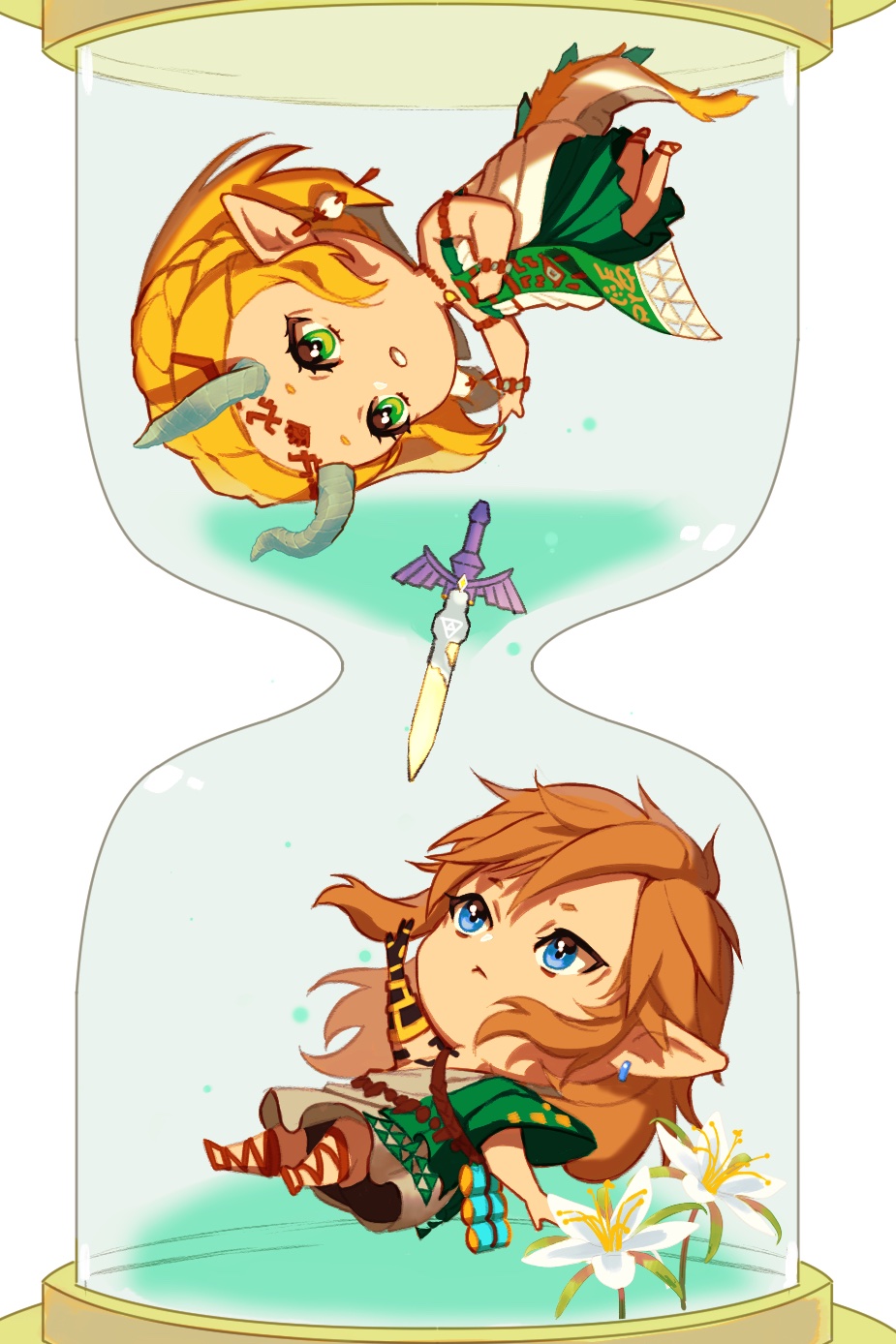 1boy, 1girl, blonde_hair, bracelet, braid, chibi, choker, circlet
