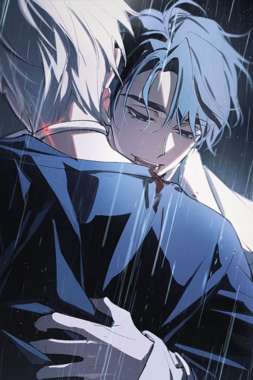 2boys, alien_stage, black_eyes, black_hair, black_shirt, blood, blood_from_mouth, chinese_commentary