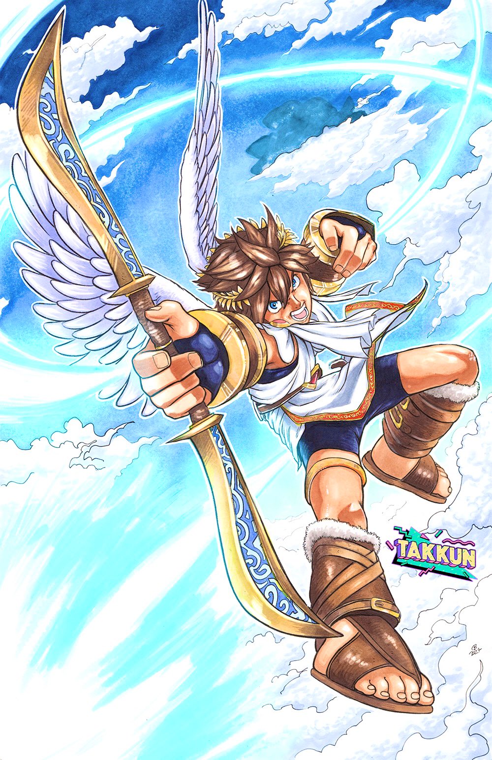 1boy, angel, angel_wings, arrow_(projectile), bike_shorts, blue_eyes, blue_sky, brown_hair, full_body, highres, kid_icarus, kid_icarus_uprising, looking_at_viewer, male_focus, open_mouth, palutena_bow_(kid_icarus), pit_(kid_icarus), sky, solo, takkun_(takkun_art), wings
