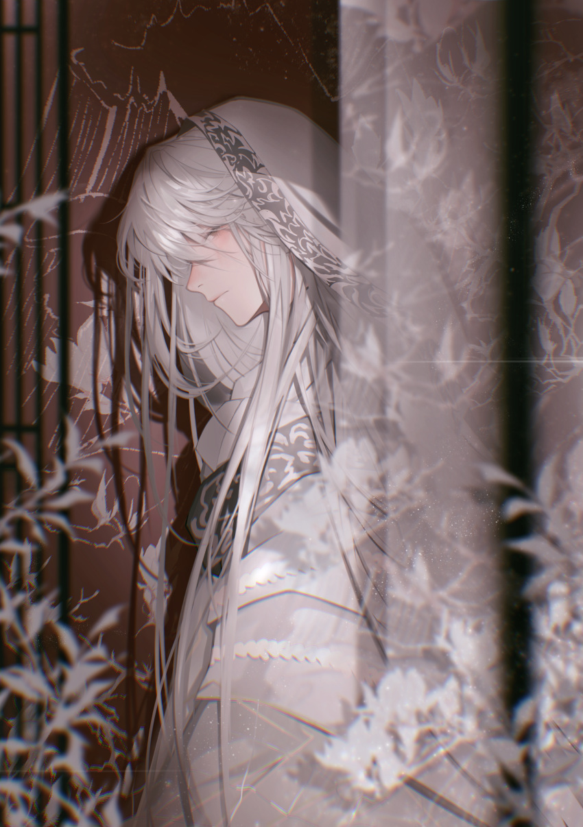 1boy, absurdres, blurry, blurry_foreground, chinese_clothes, closed_mouth, from_side, hair_between_eyes, hair_over_shoulder, hanfu, highres, indoors, jinguang_budaixi, light_particles, long_hair, long_sidelocks, looking_at_viewer, male_focus, qiao_rulai, shadow, sidelocks, sideways_glance, solo, swept_bangs, turkey223333, upper_body, veil, white_hair, white_hanfu, white_sleeves, white_veil