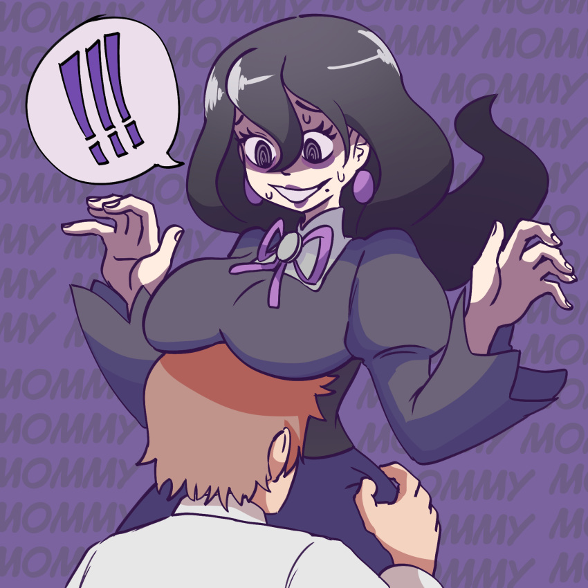 !, !!, 1boy, 1girl, @_@, alternate_breast_size, black_dress, black_hair