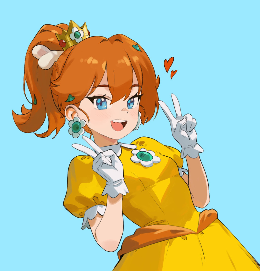 1girl, blue_background, blue_eyes, bone_hair_ornament, breasts, commentary, cosplay, crown, double_v, dress, earrings, fang_guu, flower_earrings, gloves, hair_ornament, heart, heart_hair_ornament, highres, indie_virtual_youtuber, jewelry, orange_hair, ponytail, princess_daisy, princess_daisy_(cosplay), small_breasts, solo, super_mario_bros., thernz, upper_body, v, virtual_youtuber, white_gloves, yellow_dress
