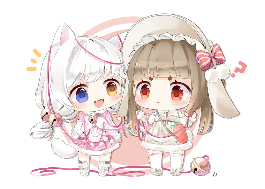 2girls, :<, ?, animal_ears, animal_hands, apron, bag, bare_shoulders