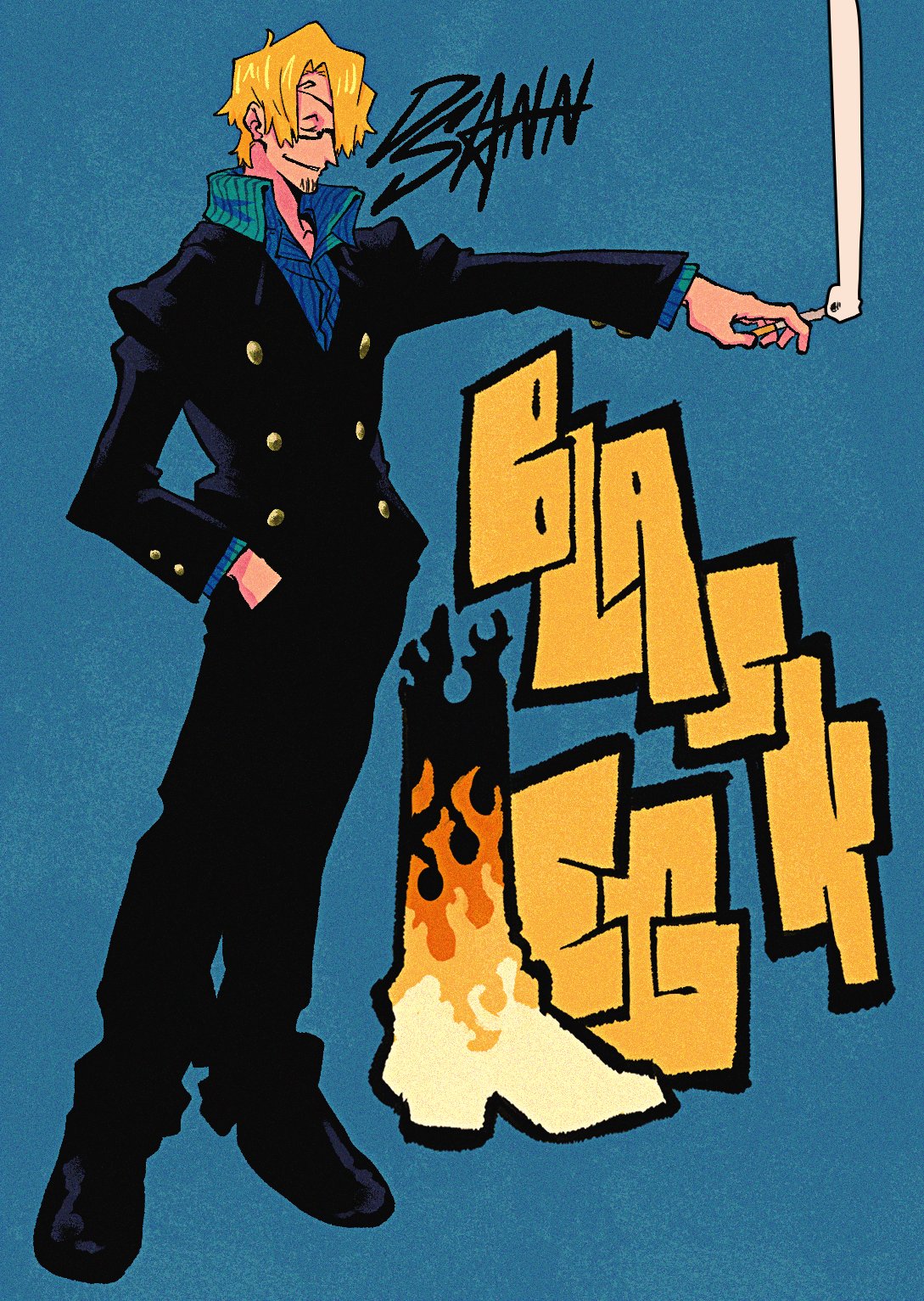 1boy, black_suit, blonde_hair, blue_background, blue_shirt, cigarette, closed_eyes, collared_shirt
