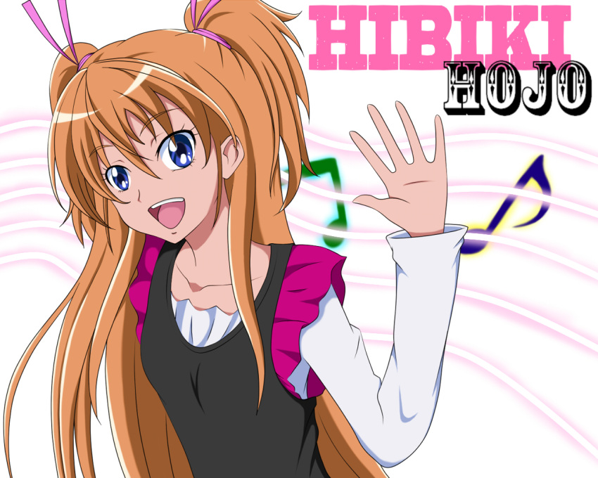 character_name, hair_ribbon, houjou_hibiki, kingcat0404, long_hair, musical_note, open_mouth, orange_hair, precure, ribbon, staff_(music), suite_precure, twintails, two_side_up, waving