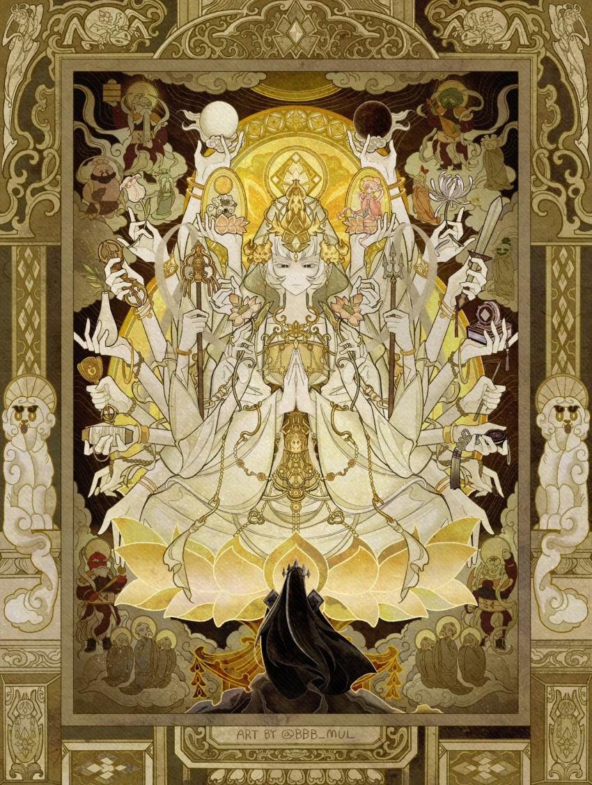 1girl, 6+boys, black_eyes, black_hair, buddhism, cloud_haetae_cookie, cookie_run, dark_cacao_cookie