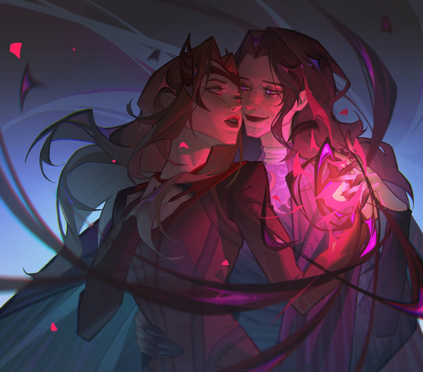 2girls, agatha_harkness, black_hair, black_lips, blue_background, chinese_commentary, closed_mouth, dress