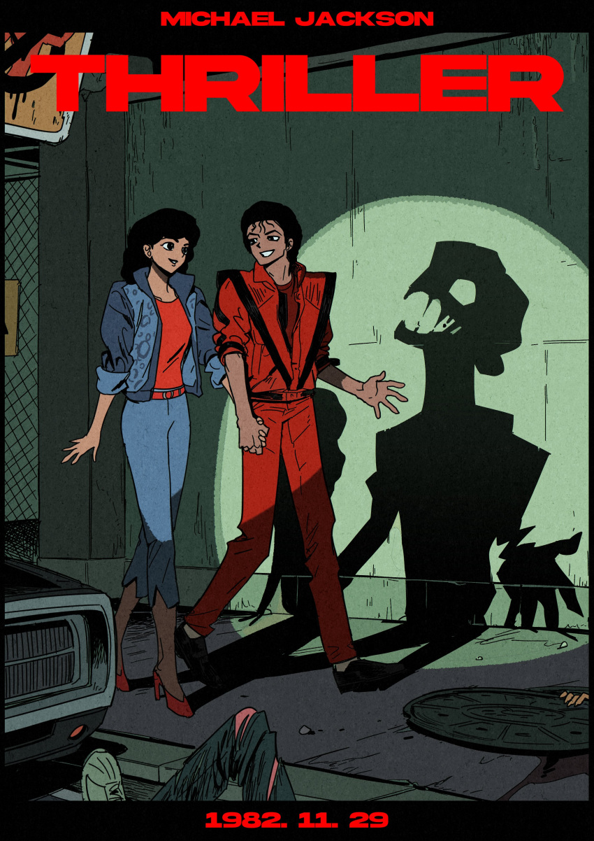 1boy, 1girl, absurdres, album_name, artist_name_(singer), black_hair, blue_jacket, commentary_request, dated, full_body, high_heels, highres, hohoho0205, holding_hands, jacket, korean_commentary, letterboxed, medium_hair, michael_jackson, ola_ray, pants, real_life, red_jacket, red_pants, red_shirt, red_shoes, shadow, shirt, shoes, short_hair, smile, song_name, spotlight, thriller_(michael_jackson)