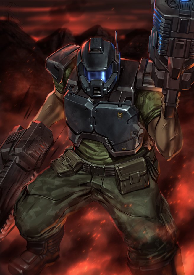 1boy, armor, asymmetrical_dual_wielding, belt, belt_pouch, boots, breastplate, camouflage