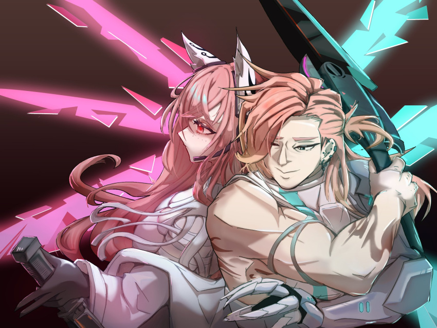 1boy, 1girl, animal_ears, bare_arms, black_eyes, breasts, coat, ear_piercing