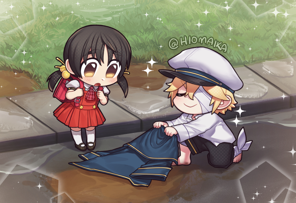 1boy, 1girl, ascot, backpack, bag, bandage_over_one_eye, bandaged_foot, bandages, barefoot, black_hair, black_shorts, buttons, chibi, chibi_only, closed_eyes, closed_mouth, collared_shirt, dirt, dress, english_commentary, grass, hair_bobbles, hair_ornament, hat, hiomaika, holding, holding_jacket, holding_unworn_clothes, jacket, kaai_yuki, kneeling, looking_at_another, oliver_(vocaloid), open_mouth, outdoors, pinafore_dress, plaid_ascot, plaid_clothes, puffy_short_sleeves, puffy_sleeves, red_ascot, red_bag, red_dress, shirt, short_sleeves, shorts, sleeveless, sleeveless_dress, smile, socks, sparkle, unworn_jacket, vocaloid, watermark, white_hat, white_shirt, white_socks, yellow_eyes