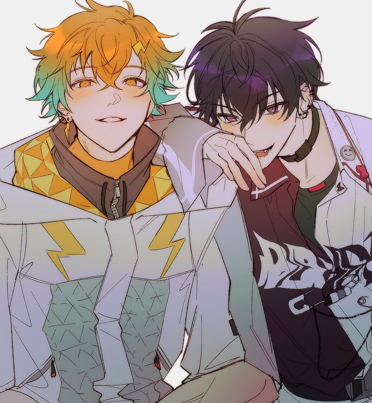 2boys, arm_on_another's_shoulder, asymmetrical_clothes, asymmetrical_jacket, belt_collar, black_collar, black_hair, black_shirt