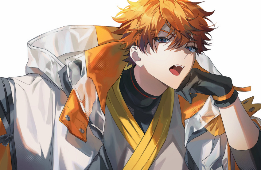 1boy, arm_up, black_gloves, black_shirt, blue_eyes, collared_jacket, commentary, fangs
