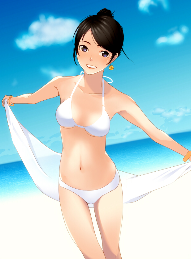 1girl, beach, bikini, black_eyes, black_hair, bracelet, commentary_request, day, earrings, jewelry, navel, original, outdoors, outstretched_arms, pirlo, sarong, short_hair, solo, spread_arms, swimsuit, unworn_sarong, water, white_bikini, white_sarong