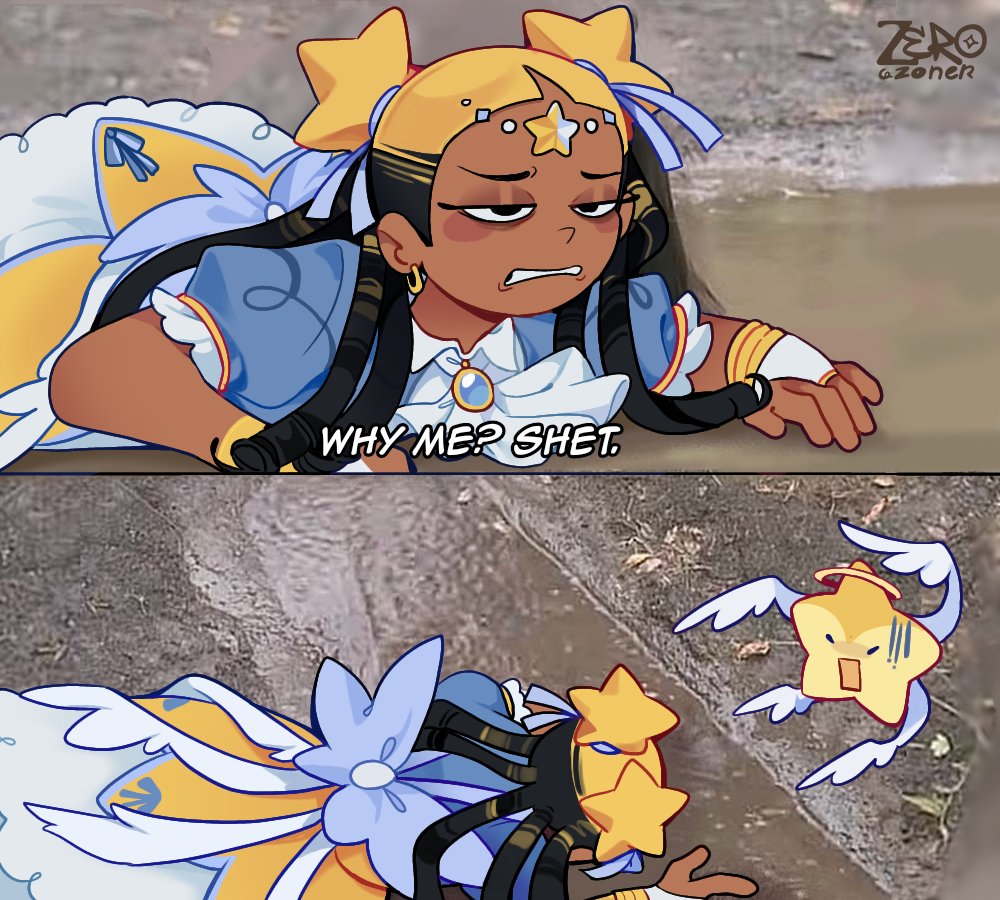 1girl, aika_(kiana_mai), black_hair, blonde_hair, dark-skinned_female, dark_skin, dreadlocks, dress, hoshi_(kiana_mai), i_don't_want_to_be_a_magical_girl, meme, star_hair_bun, zero_zoner