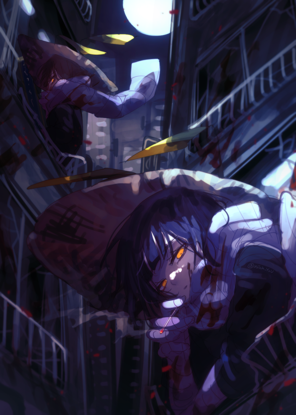 2girls, backlighting, blood, city, cowboy_shot, from_below, full_moon, heishou_pack-mao_branch_(identity)_(project_moon)