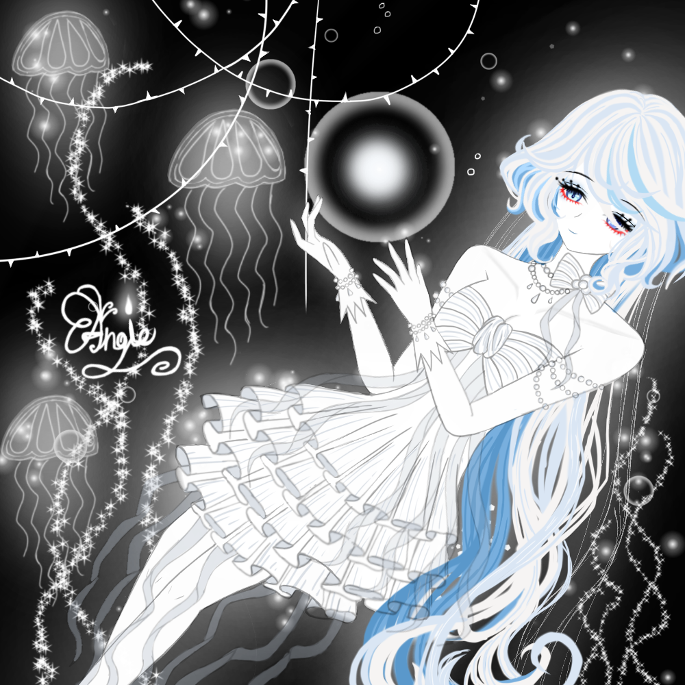 bubble, deep_sea, dress, furina_(genshin_impact), genshin_impact, greyscale, jellyfish, monochrome