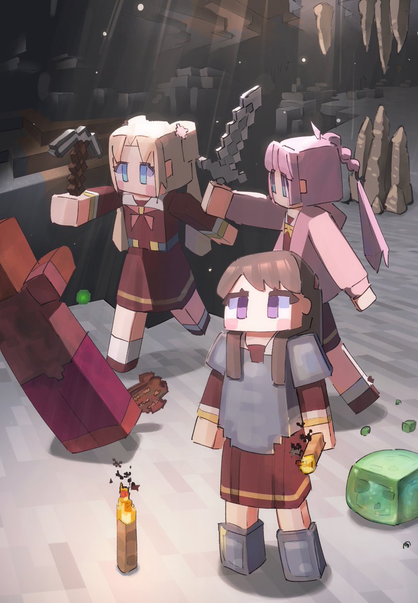 3girls, ahoge, anyoji_hime, armor, armored_boots, blonde_hair, blue_eyes, blunt_bangs