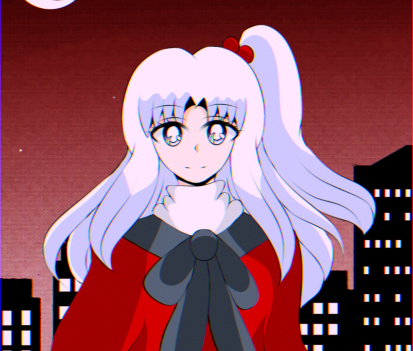 1990s_(style), 1girl, blue_eyes, bow, capelet, cityscape, dress, grey_hair