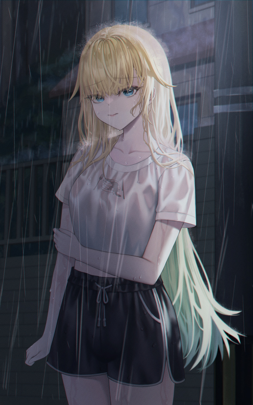 absurdres, aizawa_ema, aizawa_ema_(4th_costume), black_shorts, blonde_hair, blue_eyes, collarbone, cowboy_shot