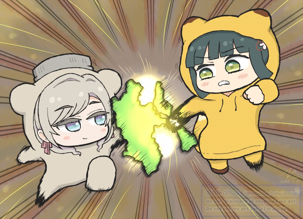 2girls, alternate_costume, animal_costume, animal_ears, animal_hood, bear_costume, black_hair, blue_eyes