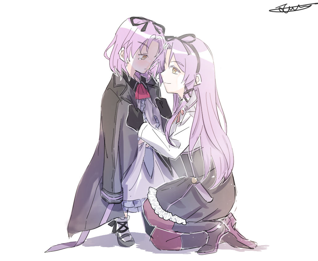 1girl, age_comparison, age_progression, ascot, black_boots, black_coat, black_gloves, black_ribbon