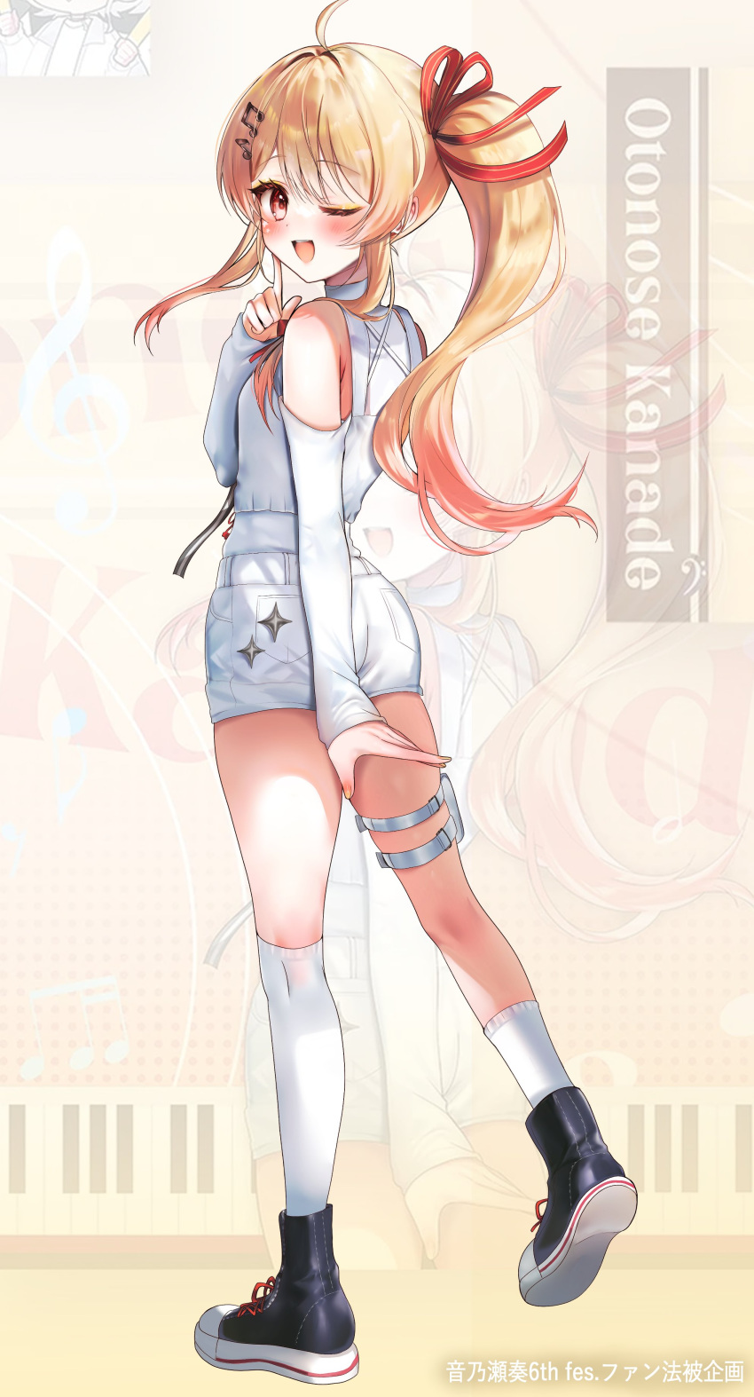 1girl, ;d, absurdres, ahoge, arm_at_side, ass, asymmetrical_legwear, bare_shoulders