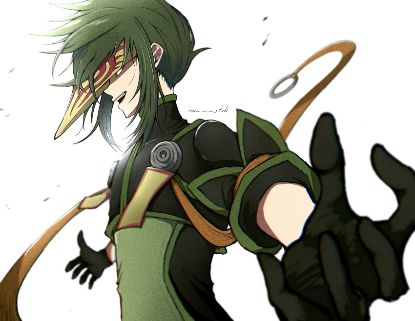 1boy, black_gloves, black_jacket, debris, from_side, gloves, green_hair, green_trim