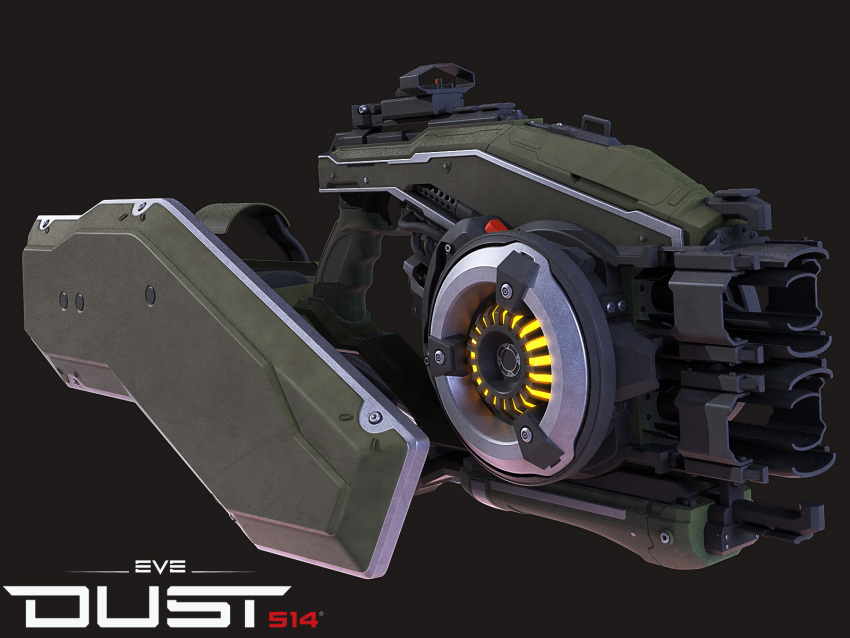 3d, autodesk_3ds_max_(medium), commentary, copyright_logo, copyright_name, dust_514, eve_online, flewda_(josh_powers), gallente_federation_(eve_online), glint, glowing, grey_background, gun, highres, logo, modo_(medium), no_humans, official_art, photoshop_(medium), realistic, science_fiction, shotgun, simple_background, weapon, weapon_focus