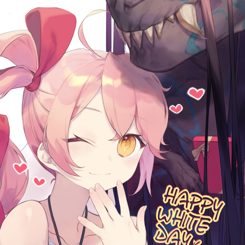 2girls, bare_shoulders, black_hair, chocolate, daisi_gi, dinosaur, fate/grand_order, fate/requiem