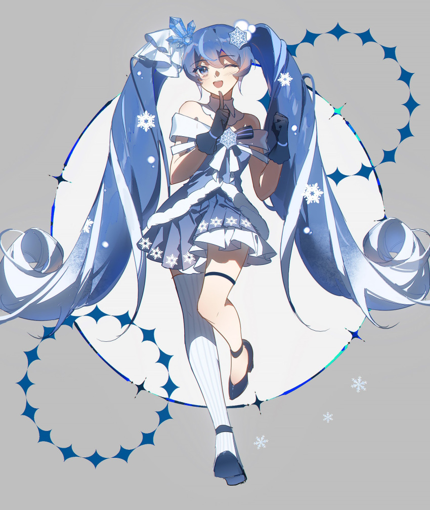 1girl, bare_shoulders, black_gloves, blue_eyes, blue_hair, blue_shirt, blue_shoes, blue_skirt