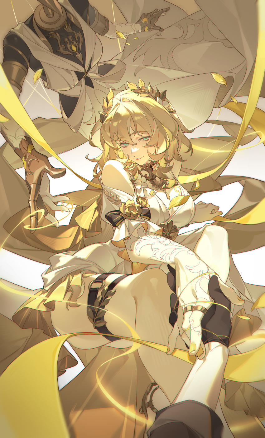 absurdres, aglaea_(honkai:_star_rail), aqua_eyes, black_gloves, blonde_hair, chinese_commentary, commentary_request, dress