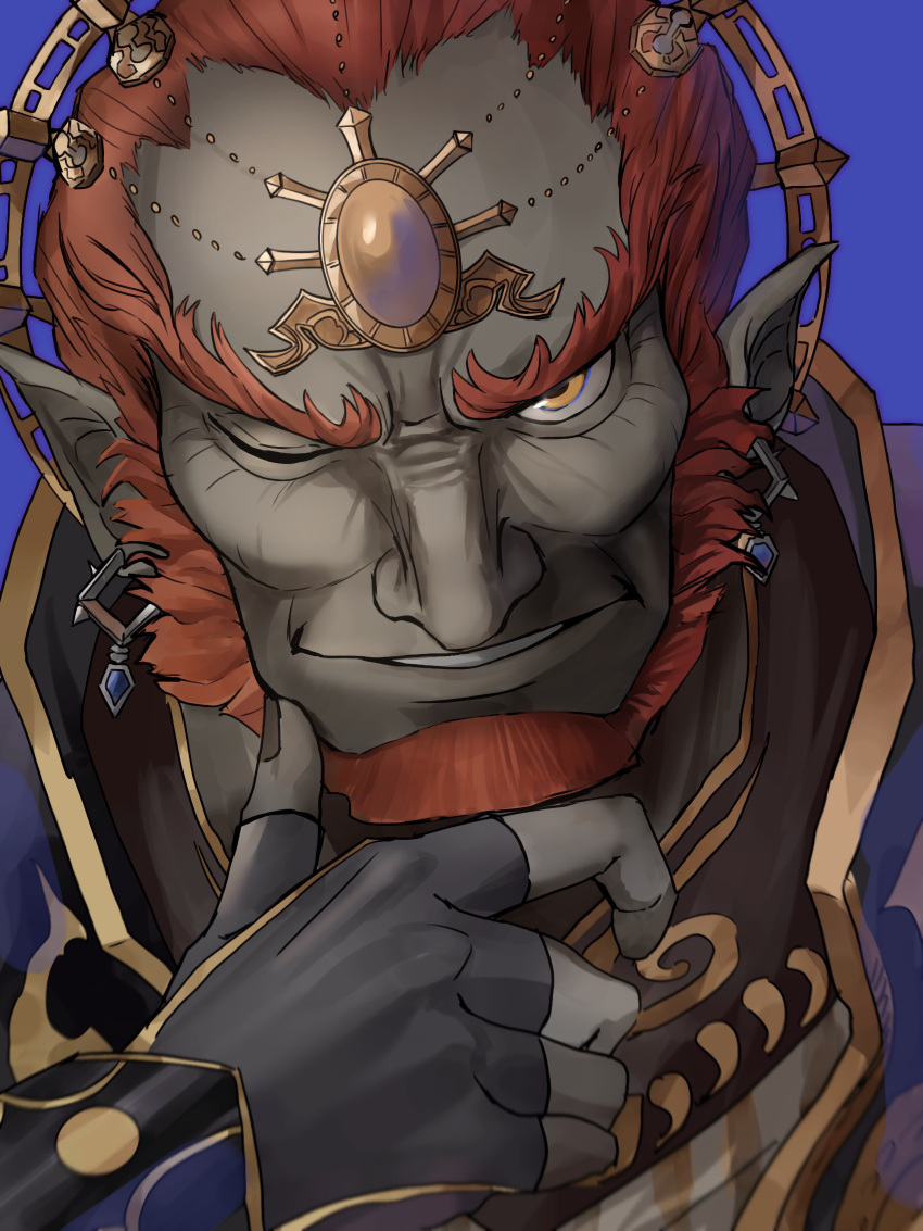 1boy, absurdres, beard, black_gloves, blue_background, commentary_request, dark-skinned_male, dark_skin